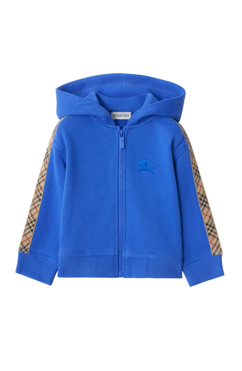 Burberry Girls' Check Trim Cotton Zip Hoodie, Main, color, Hyacinth Blue