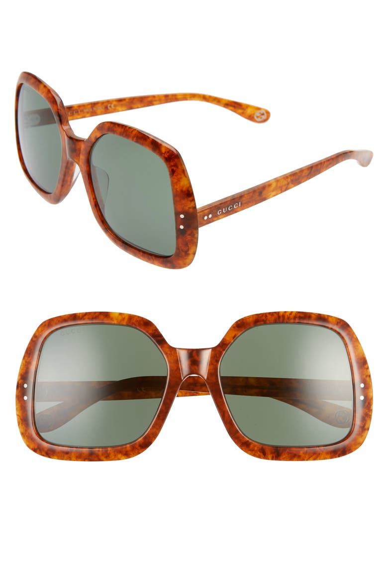 58mm Irregular Square Sunglasses, Main, color, HAVANA/ GREEN SOLID