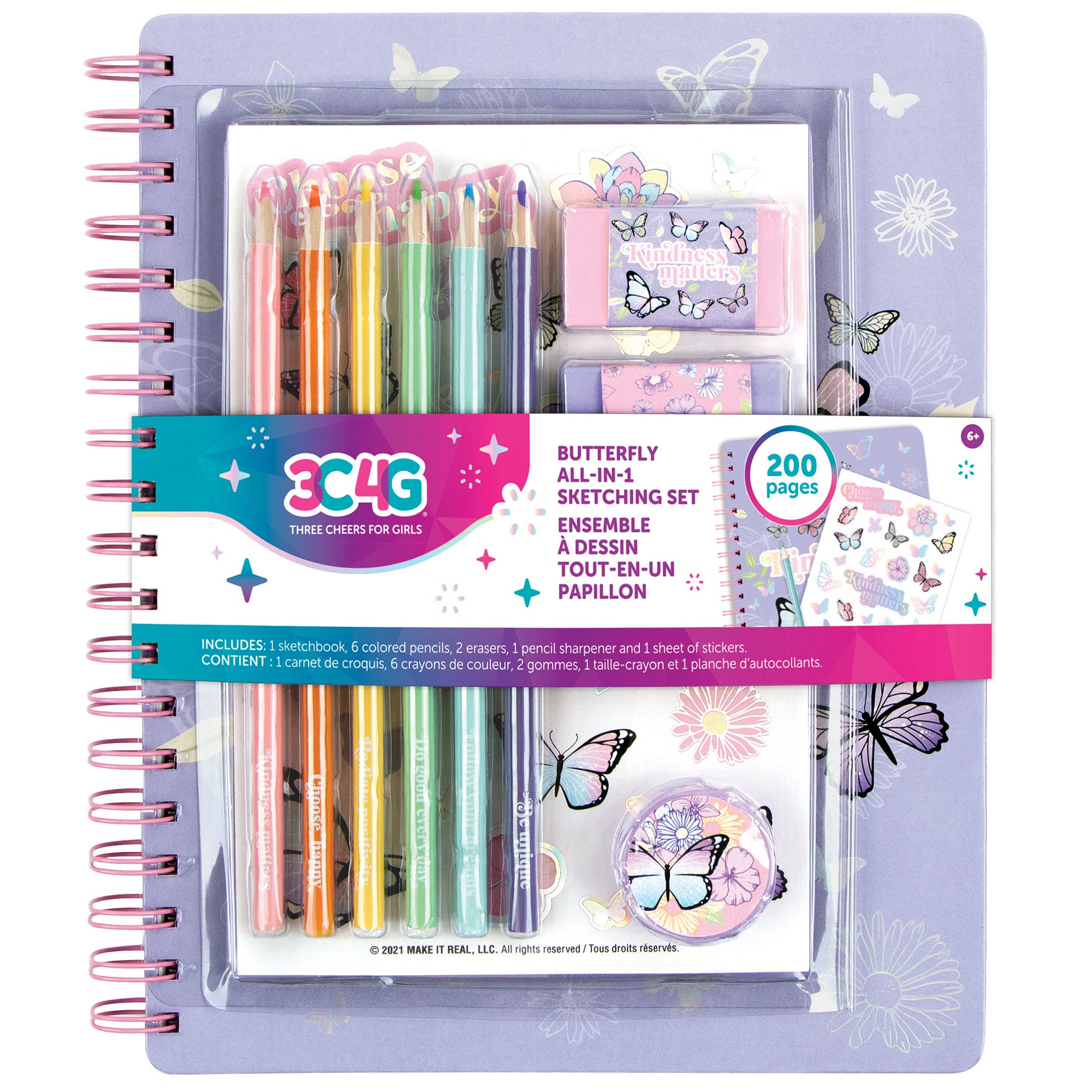 Three Cheers For Girls 3C4G Butterfly Allin1 Sketching Set Journal & Art 200 Page Book in Multicolored 