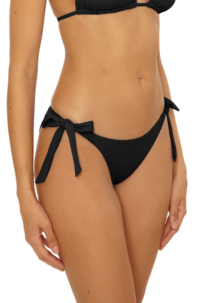 Becca Modern Edge Tie Side Rib Bikini Bottoms, Alternate, color, Black