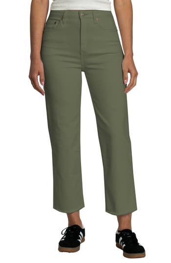 Daze Sun Raw Hem High Waist Crop Straight Leg Carpenter Jeans In Olive