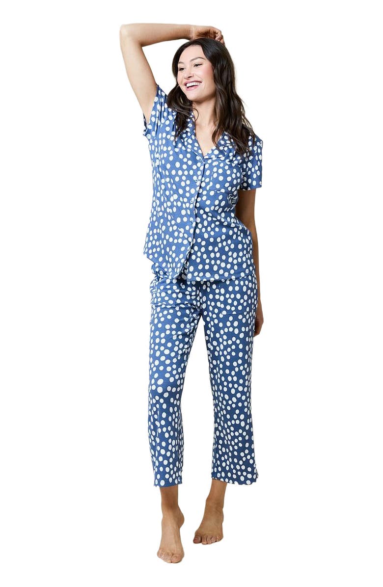 Softies Aria - Slim Notch Collar Top and Capri Pant Sleepwear Set, Main, color, Indigo Dot