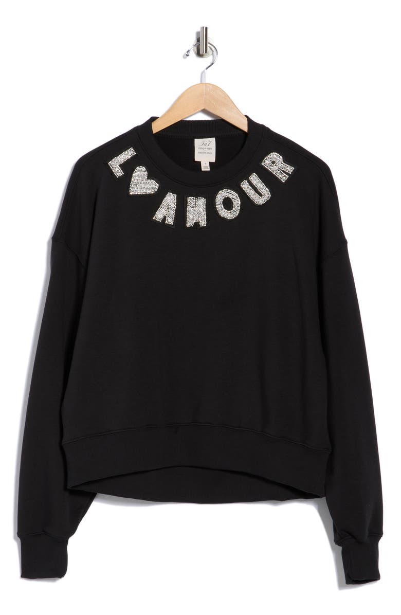 Cinq à Sept L'Amour Beaded Patchwork Brandy Sweatshirt, Alternate, color, Black
