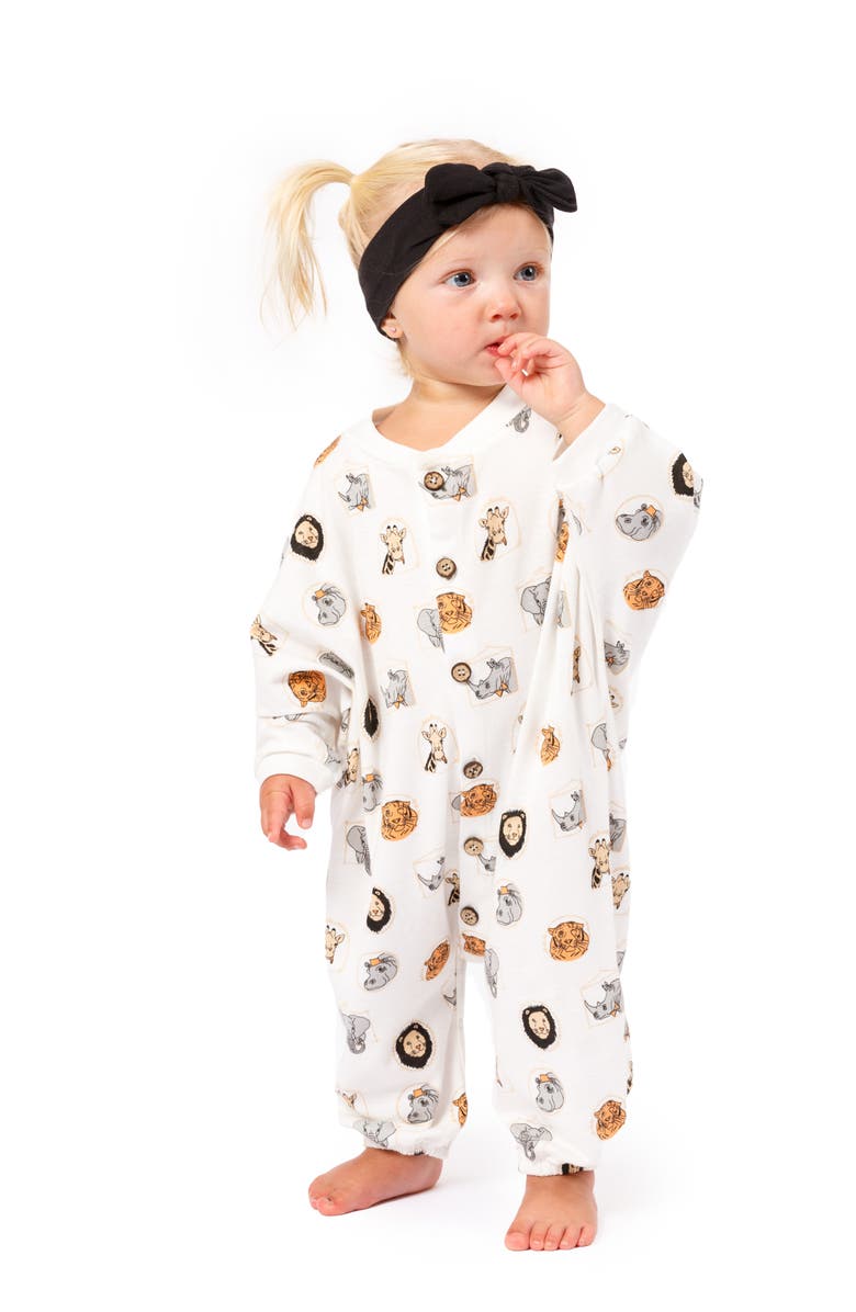 Under the Nile Animal Print Organic Cotton Romper & Stripe Giraffe Plush Set, Alternate, color, 