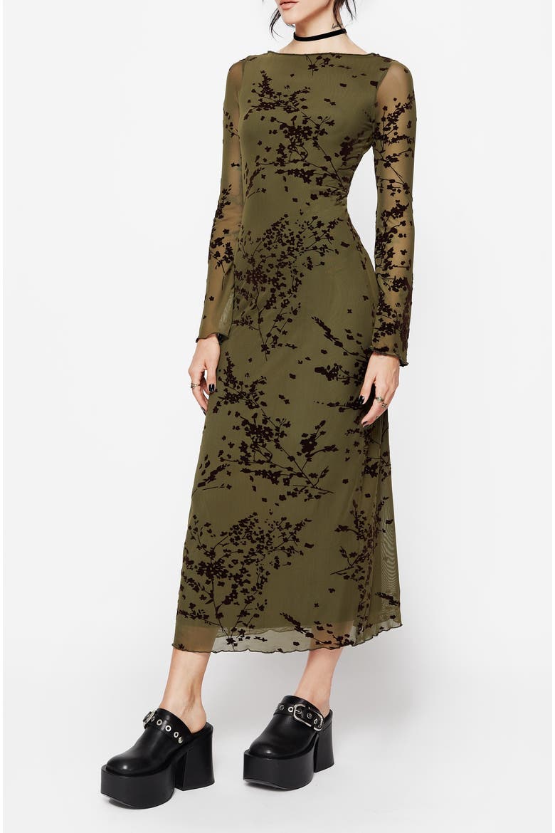Jael Flocked Devoré Midi Dress, Alternate, color, Green