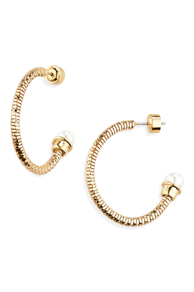 Faux Pearl Capped Hoop Earrings, Main, color, WHITE- GOLD