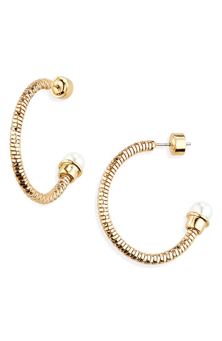 Nordstrom Faux Pearl Capped Hoop Earrings, Main, color, White- Gold