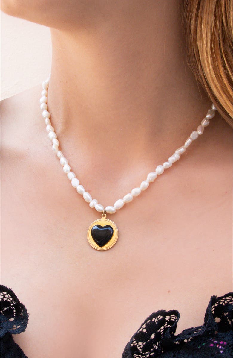 Wilhelmina Garcia Black Enamel Heart Pendant & Freshwater Pearl Dating Necklace, Alternate, color, 