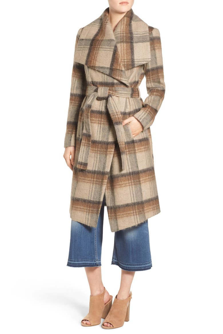 Belted Plaid Wrap Coat, Alternate, color, ORANGE BEIGE PLAID