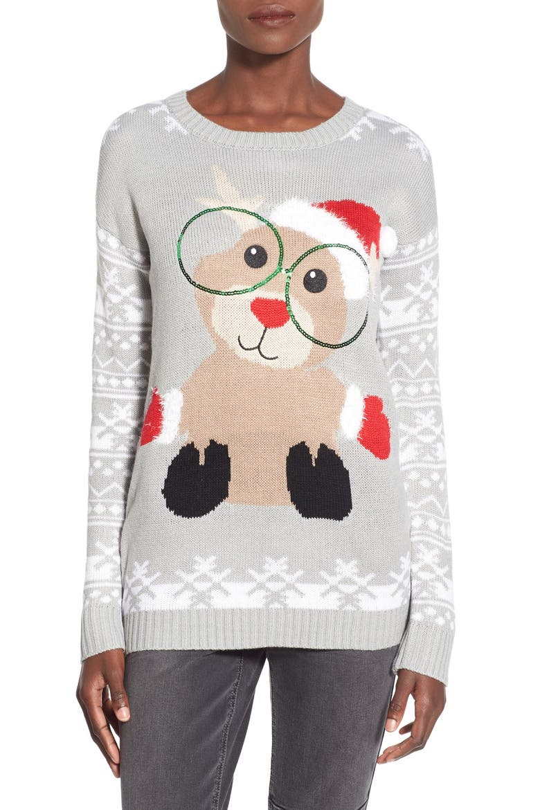 'Nerdy Reindeer Baby' Christmas Sweater, Main, color, GREY