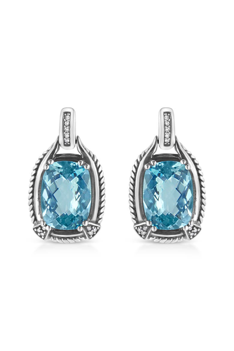 Silver 14x10MM Cushion Blue Topaz Gemstone and Diamond Accent Dangle Earring, Main, color, White