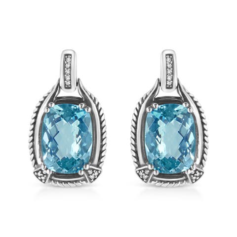 Silver 14x10MM Cushion Blue Topaz Gemstone and Diamond Accent Dangle Earring