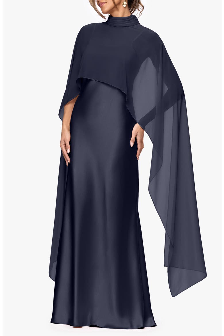 Satin Gown with Chiffon Overlay, Main, color, NAVY