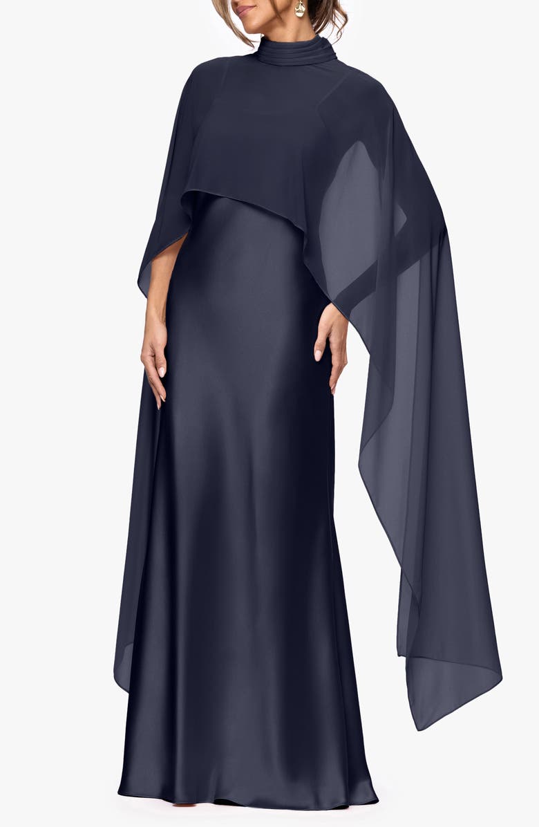 Xscape Evenings Satin Gown with Chiffon Overlay, Alternate, color, Navy