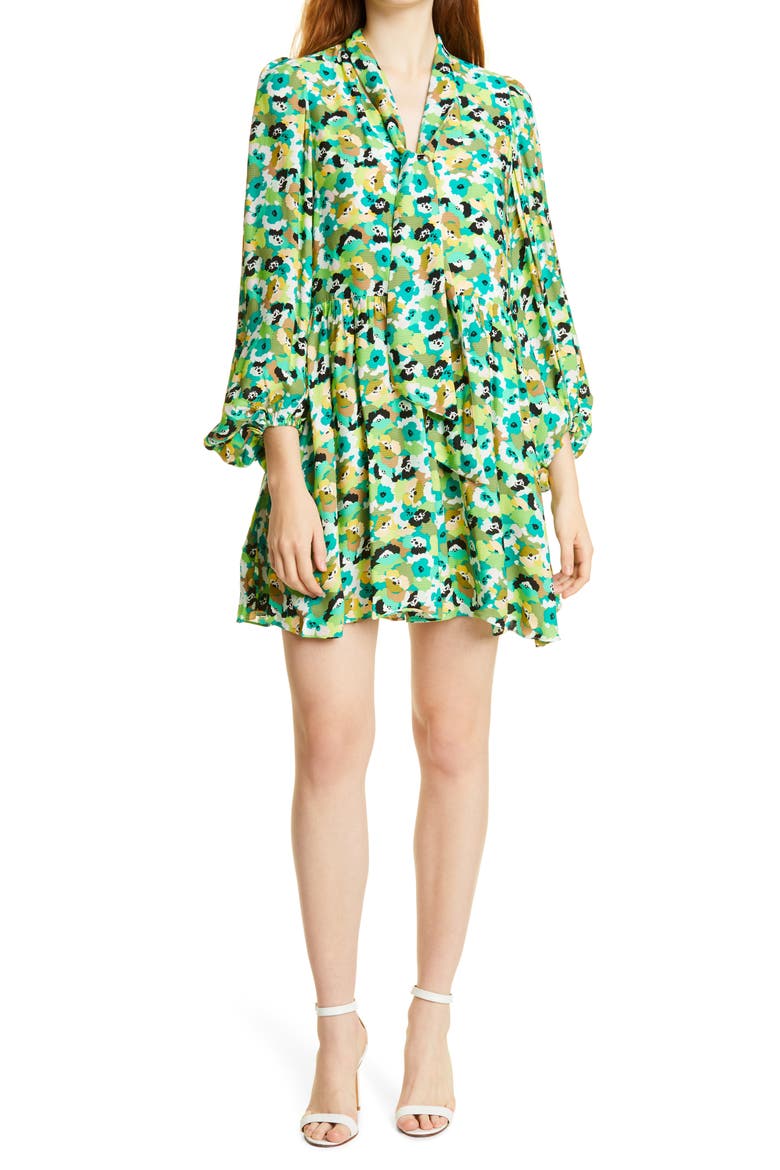 Ilva Tie Neck Long Sleeve Cotton Minidress, Main, color, BRIGHT GREEN