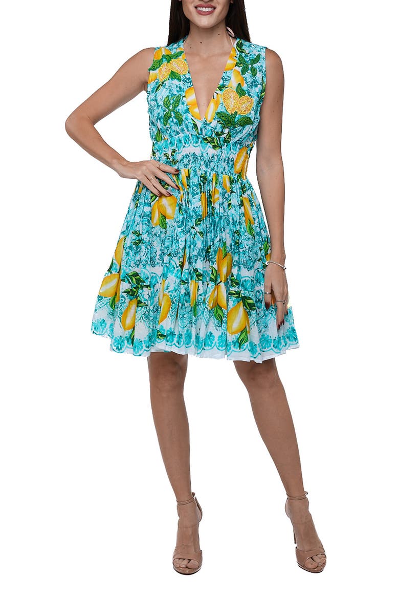 Positano Sleeveless Lemon Minidress, Main, color, BLUE/ GREEN