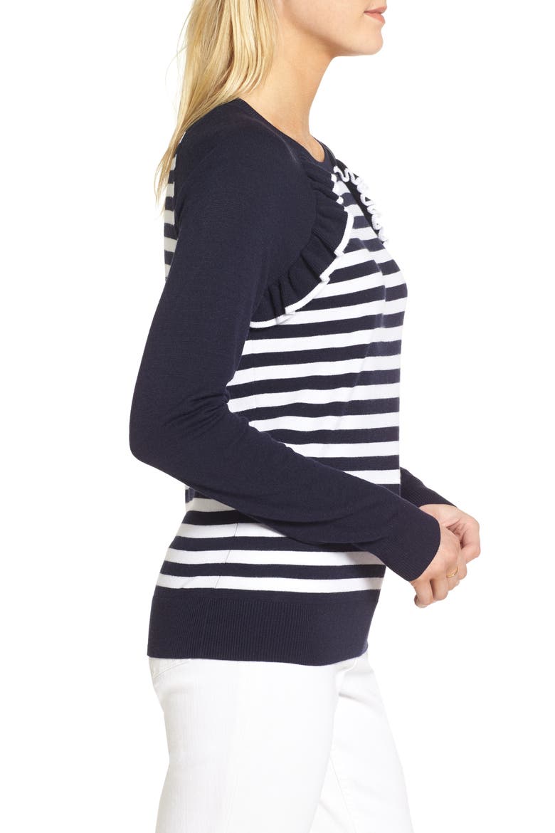 Ruffle Trim Stripe Sweater, Alternate, color, NAVY- WHITE STRIPE