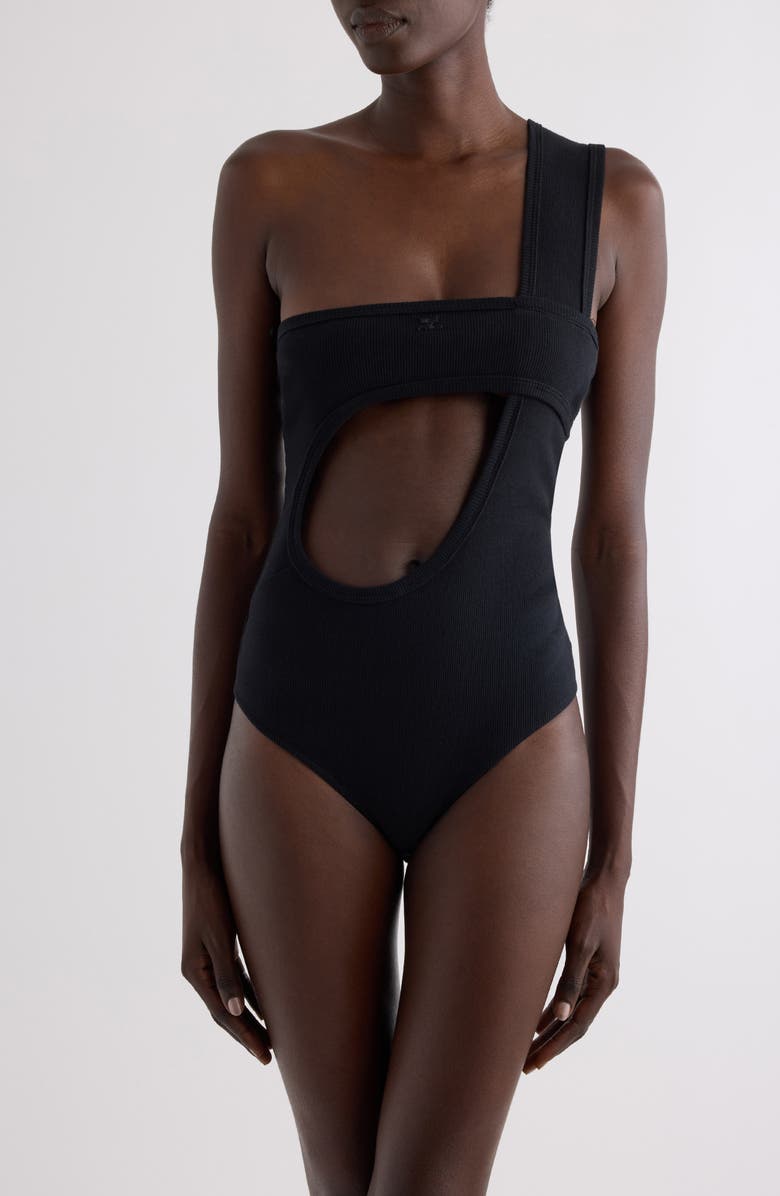 Courrèges Loop Buckle '90s Rib Bodysuit, Alternate, color, Black