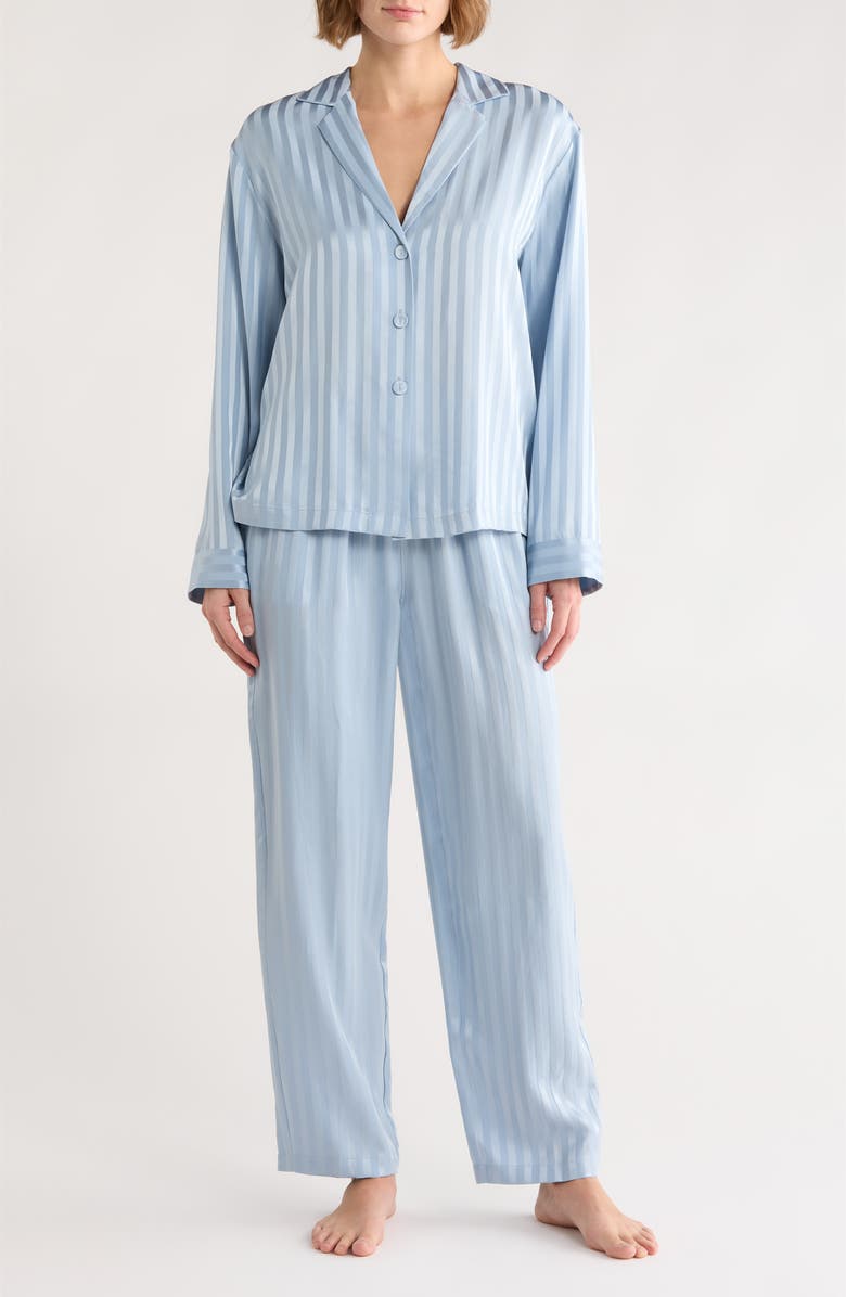 Lunya Stripe Washable Silk Button-Up Pajamas, Main, color, Frosted Lagoon Jacquard