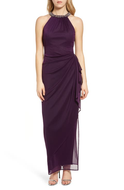 Embellished Halter Ruched Column Formal Gown