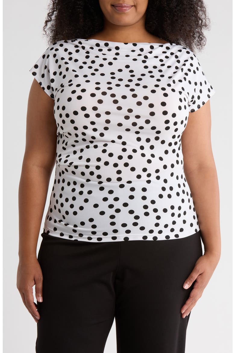 Polka Dot Cowl Neck Cap Sleeve Jersey Top, Main, color, WHITE/ BLACK