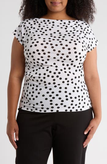 Renee C Polka Dot Cowl Neck Cap Sleeve Jersey Top In White