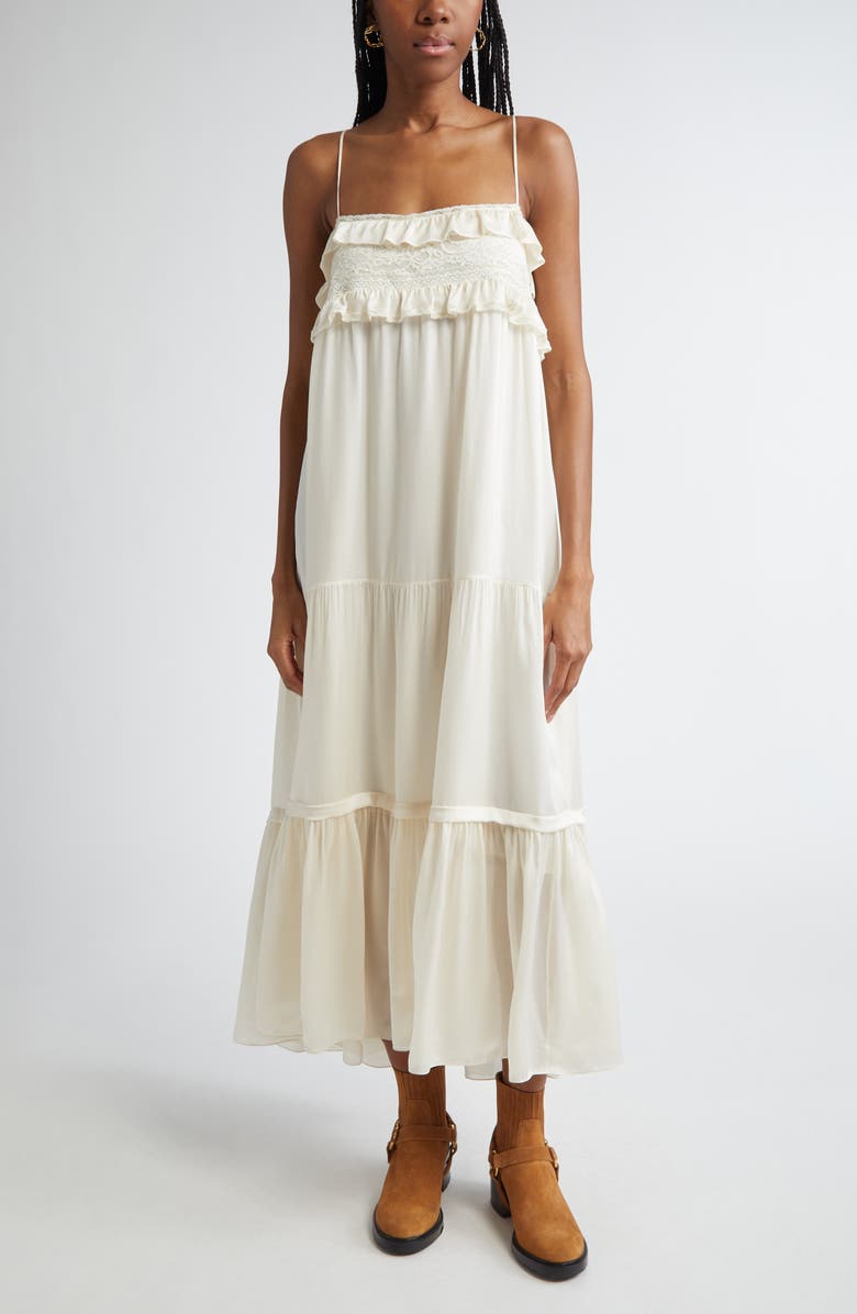Chloé Lace Trim Silk Charmeuse Tiered Dre, Main, color, 