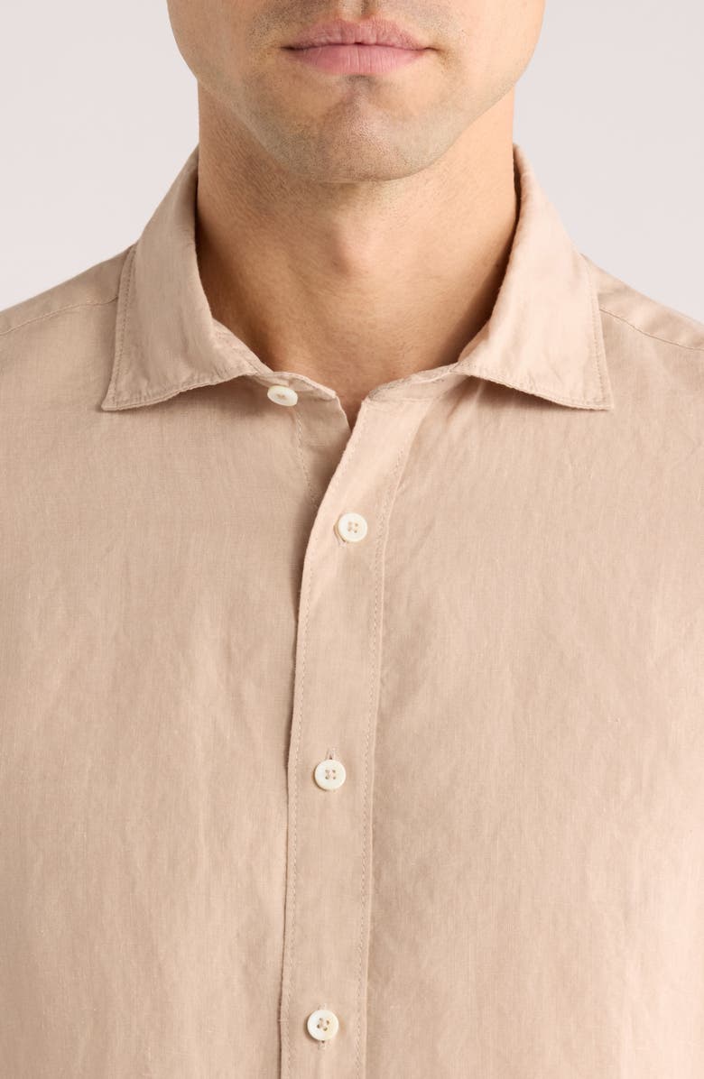 Bugatchi Axel Shaped Fit Linen Button-Up Shirt, Alternate, color, Sand