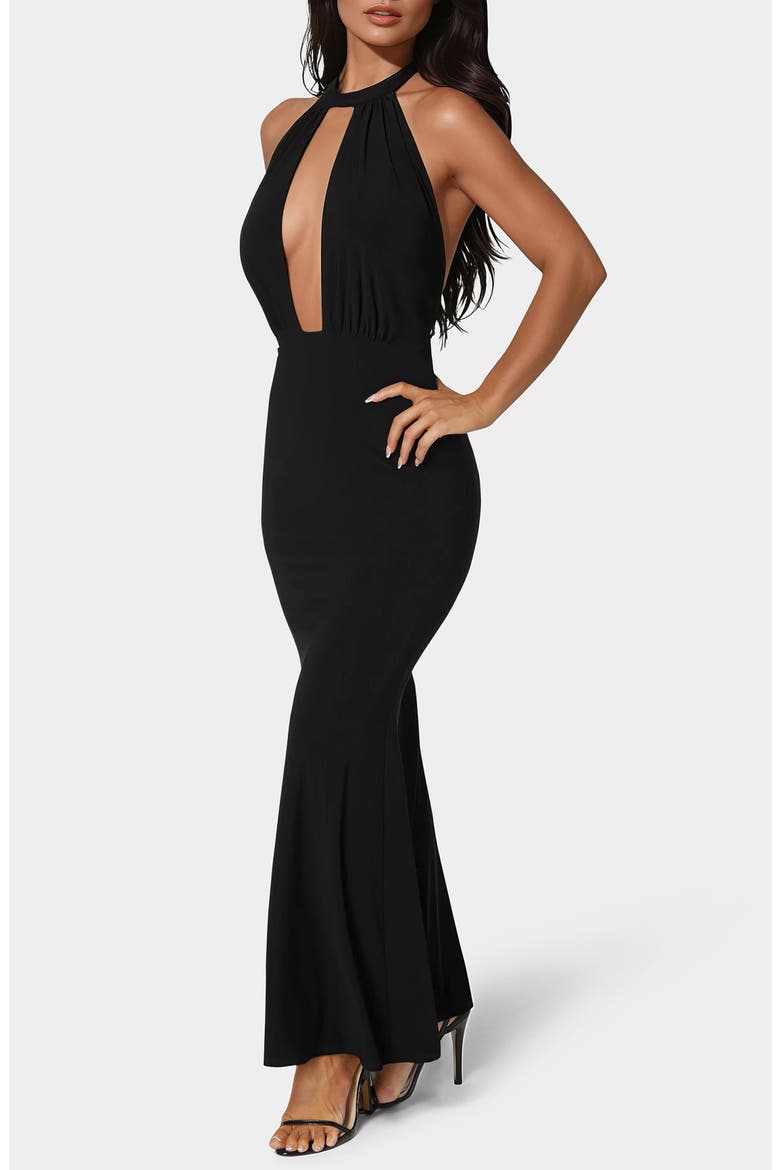 Halter Plunge Neck Maxi Dress, Alternate, color, BLACK