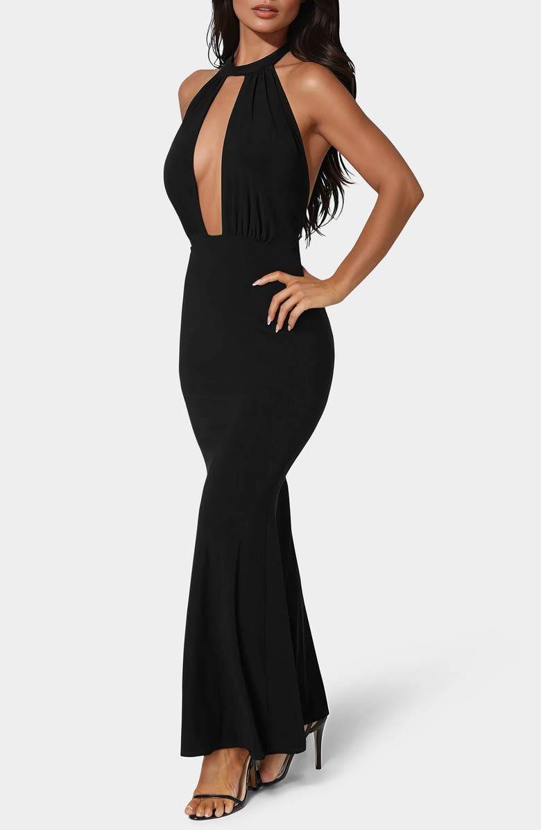 bebe Halter Plunge Neck Maxi Dress, Alternate, color, Black