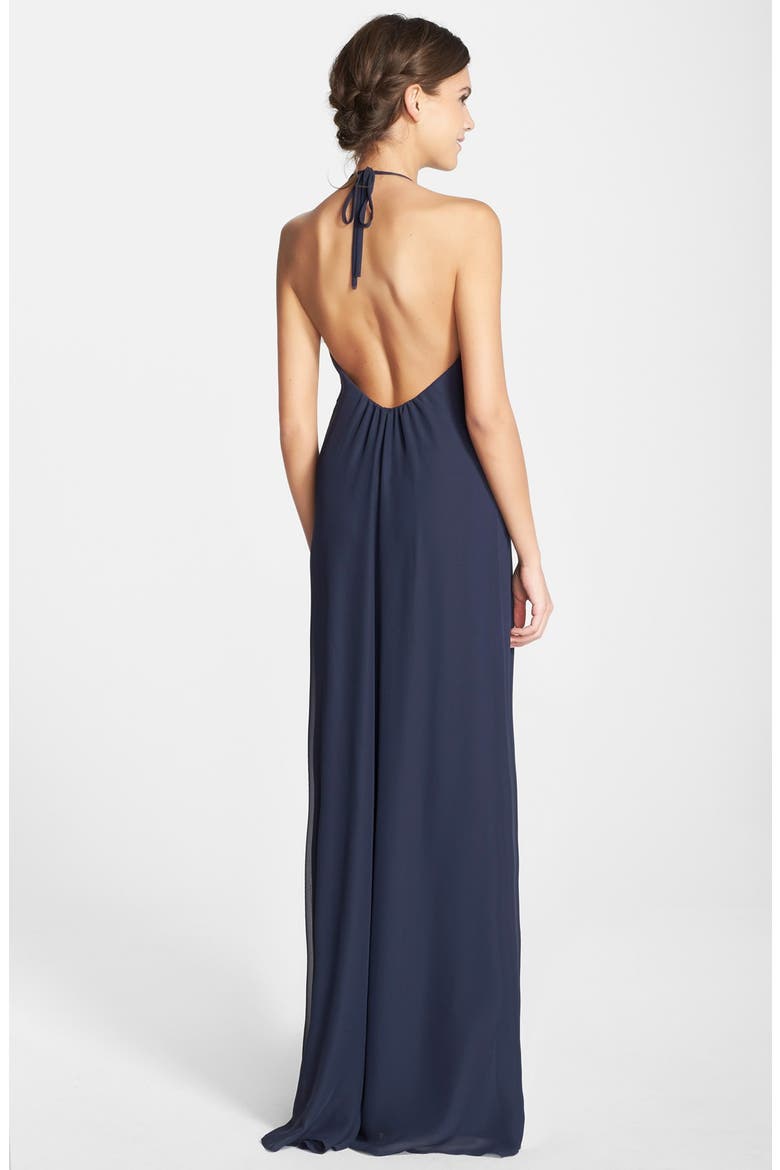'Jordan' Open Back Chiffon Halter Gown, Main, color, NAVY