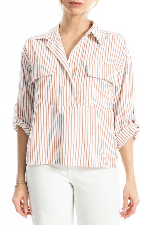 Grid Print Roll Sleeve Popover Shirt