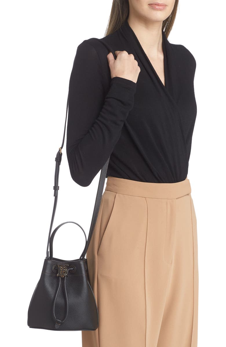 Burberry Large Monogram Leather Drawstring Bucket Bag, Alternate, color,