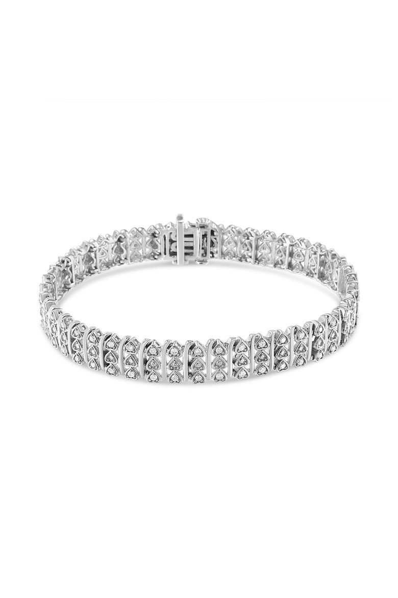 Silver 1.00 Cttw Diamond Multi Row Heart Link Bracelet - 7.25" Inches, Alternate, color, White