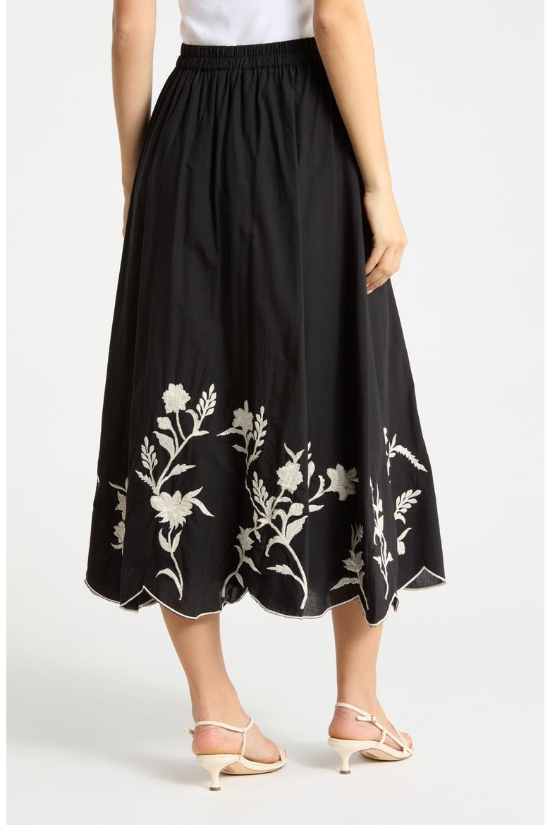 Floral Embroidered Scalloped Hem Pull-On Skirt, Alternate, color, BLACK W/ ECRU EMBROIDERY