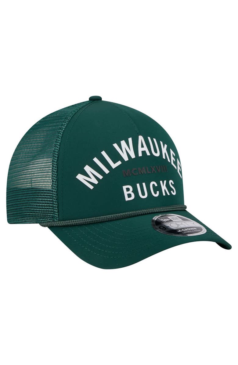 New Era Men's New Era  Hunter Green Milwaukee Bucks Minimalist A-Frame 9FORTY Trucker Hat, Alternate, color, Hunter Green