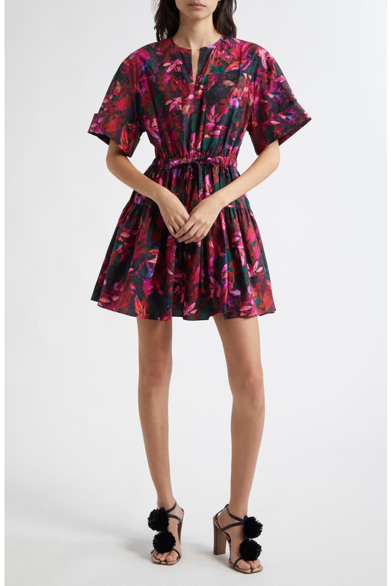 Nadira Floral Print Tie Waist Tiered Minidress, Main, color, HIBISCUS