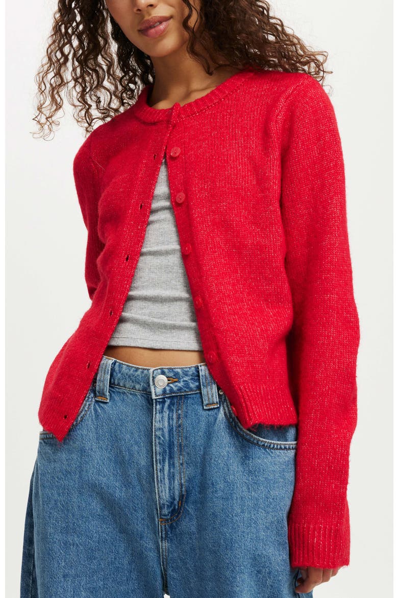 Luxe Crew Button Cardigan, Main, color, REBEL RED