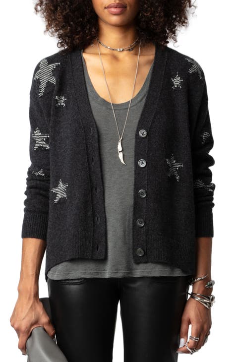 NWT Pure Amici Black Cardigan Stars Silk Cashmere Blend Open newest Front Size M