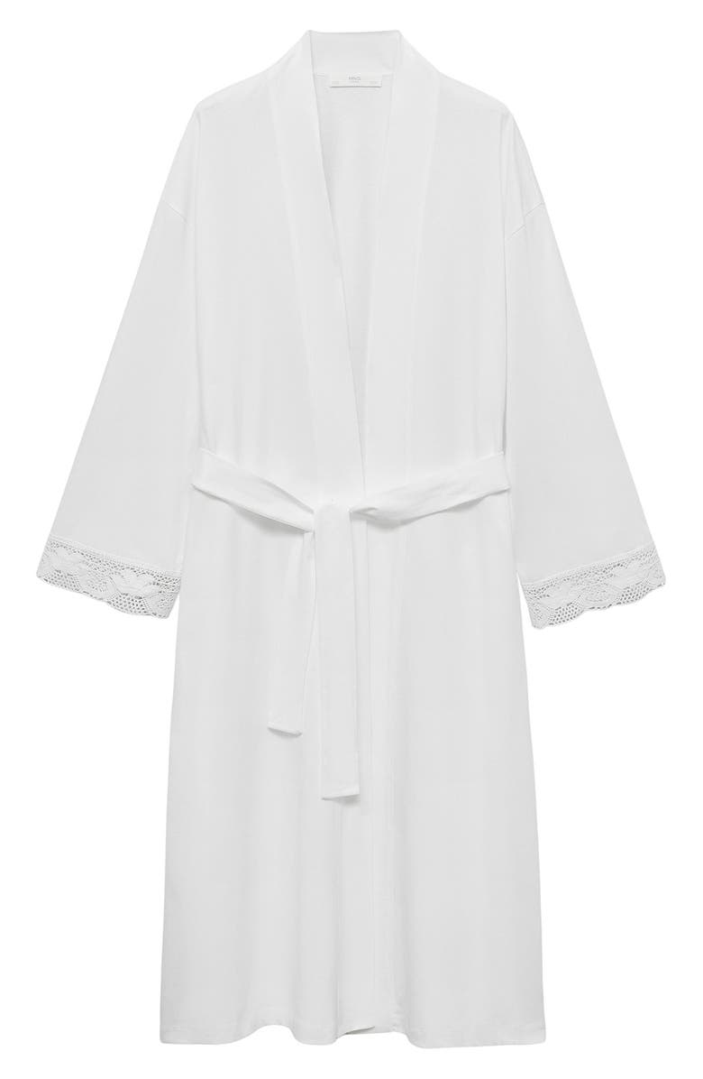 MANGO Lace Trim Tie Waist Cotton Robe, Main, color, White