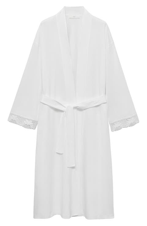 Lace Trim Tie Waist Cotton Robe