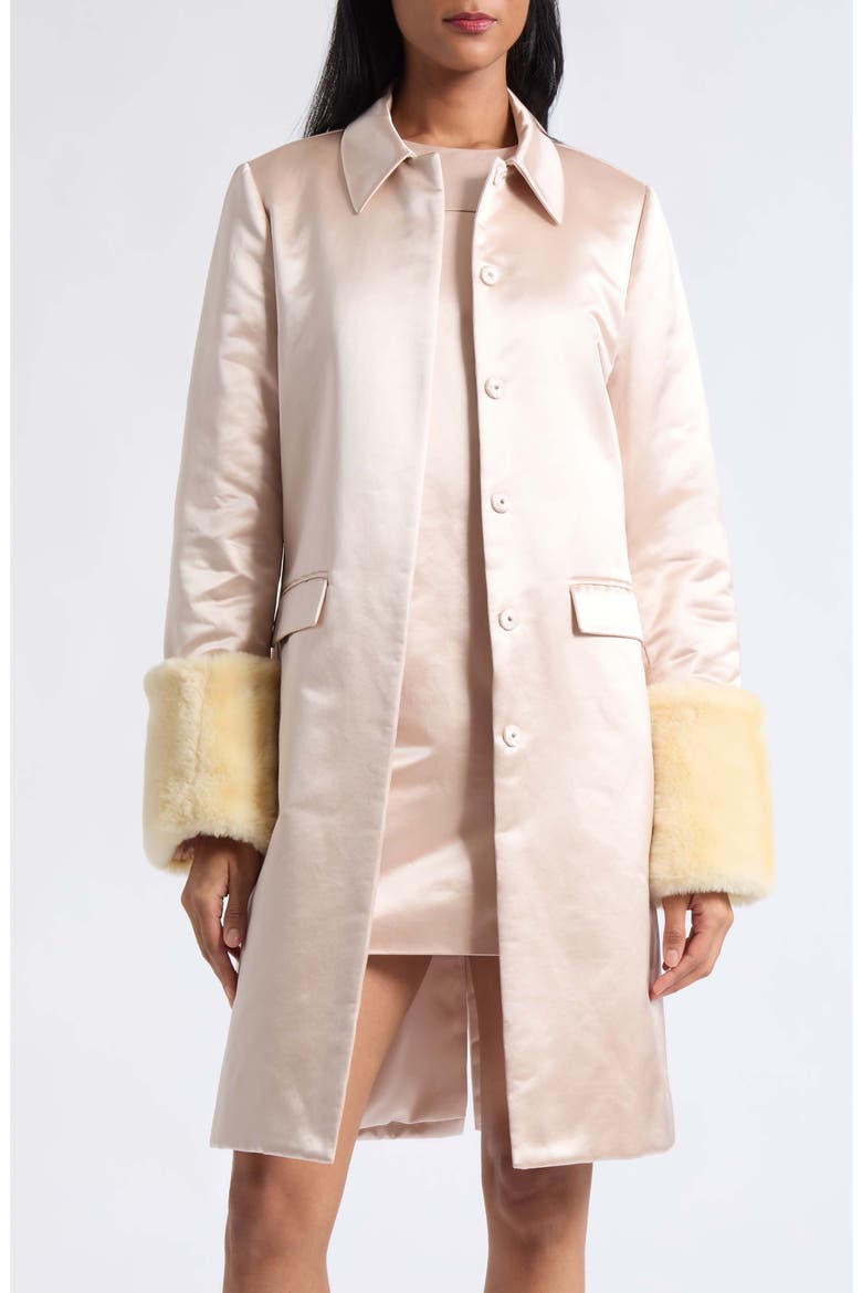 Chester Silk & Cotton Coat with Faux Fur Cuffs, Main, color, POWDER PINK