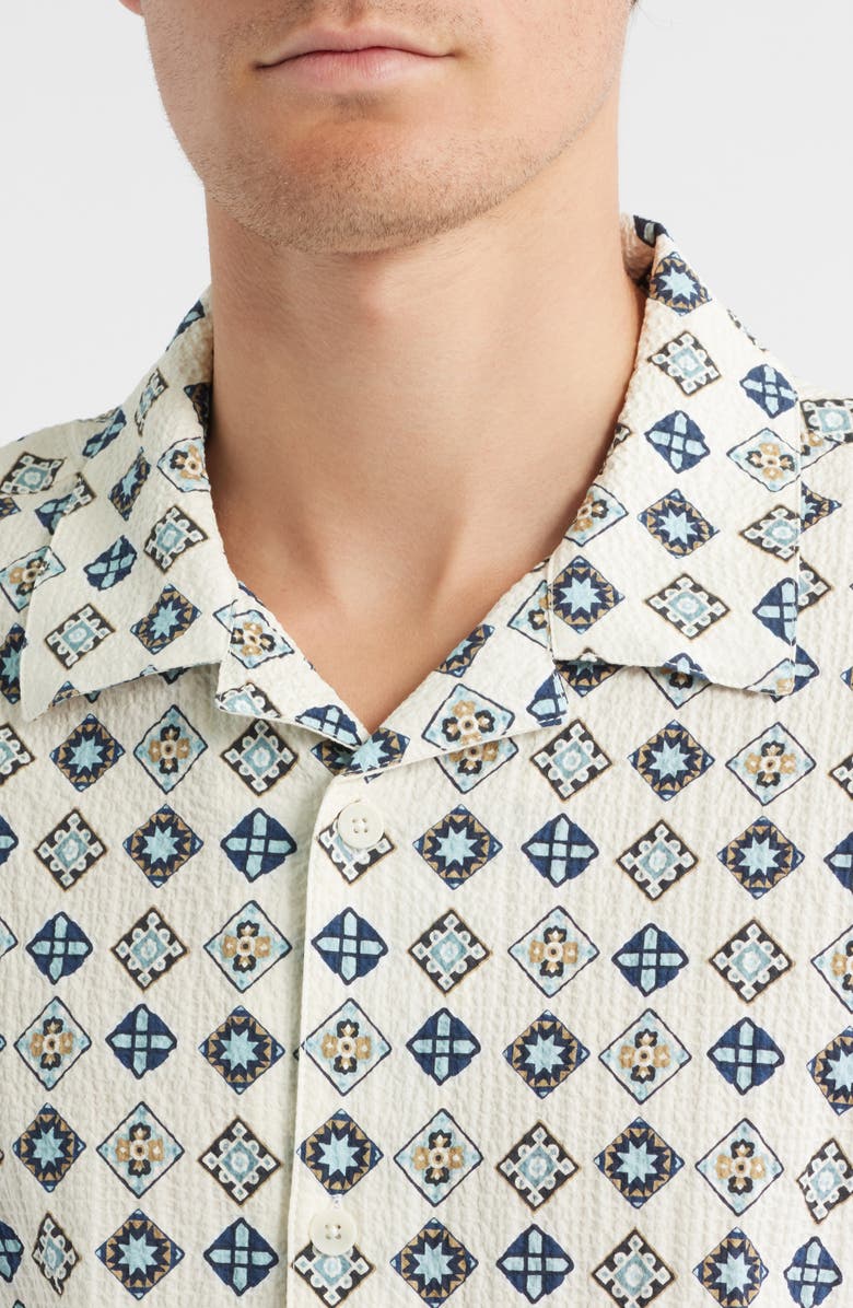Wax London Didcot Geo Tile Print Stretch Seersucker Camp Shirt, Alternate, color, Ecru / Multi