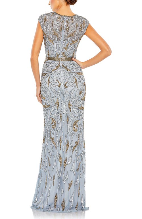 Mac Duggal Beaded Paisley Sleeveless Trumpet Gown In Platinum Gold