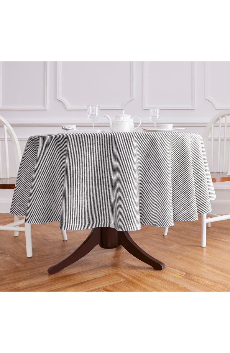 Solino Home Linen Round Tablecloth - Narrow Stripe, Alternate, color, Black And White