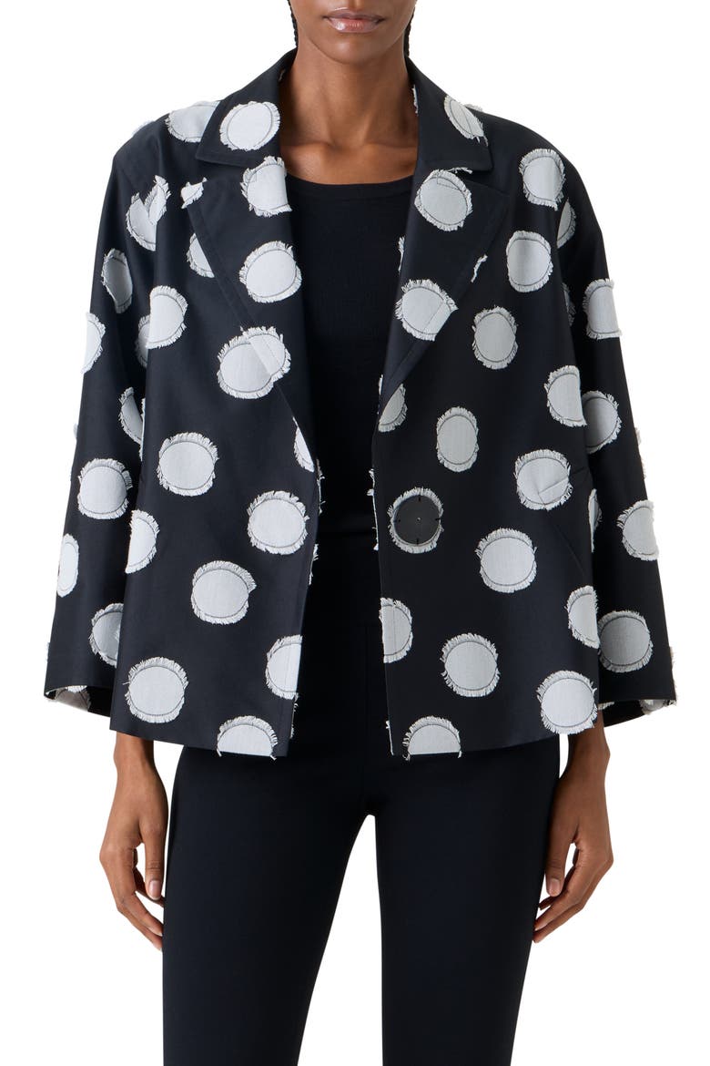 Fringed Fil Coupé Polka Dot Jacquard Jacket, Main, color, BLACK-CREAM