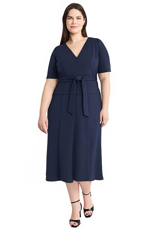 Maggy London Plus Size Short Sleeve Tie Waist Midi Dress In Blue