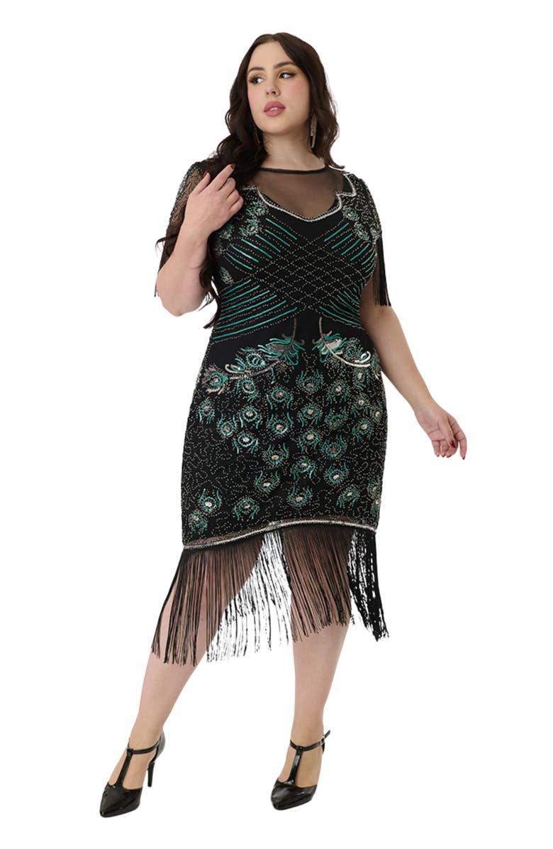 Unique Vintage Plus Size Beaded Nadine Fringe Flapper Dress, Main, color, Black