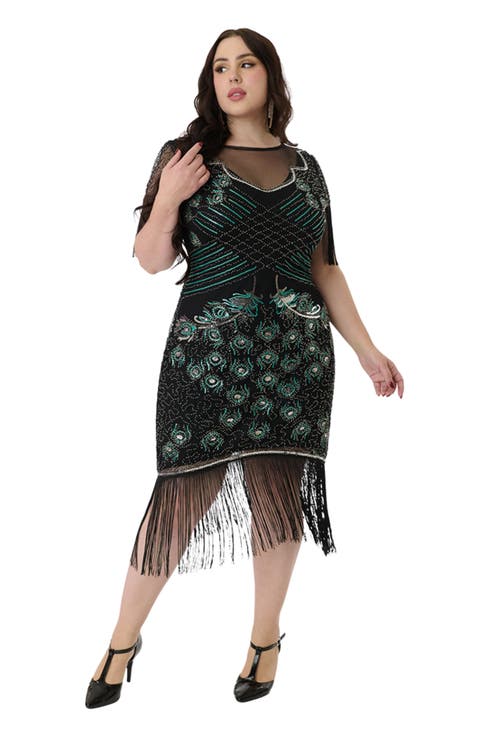 Plus Size Beaded Nadine Fringe Flapper Dress