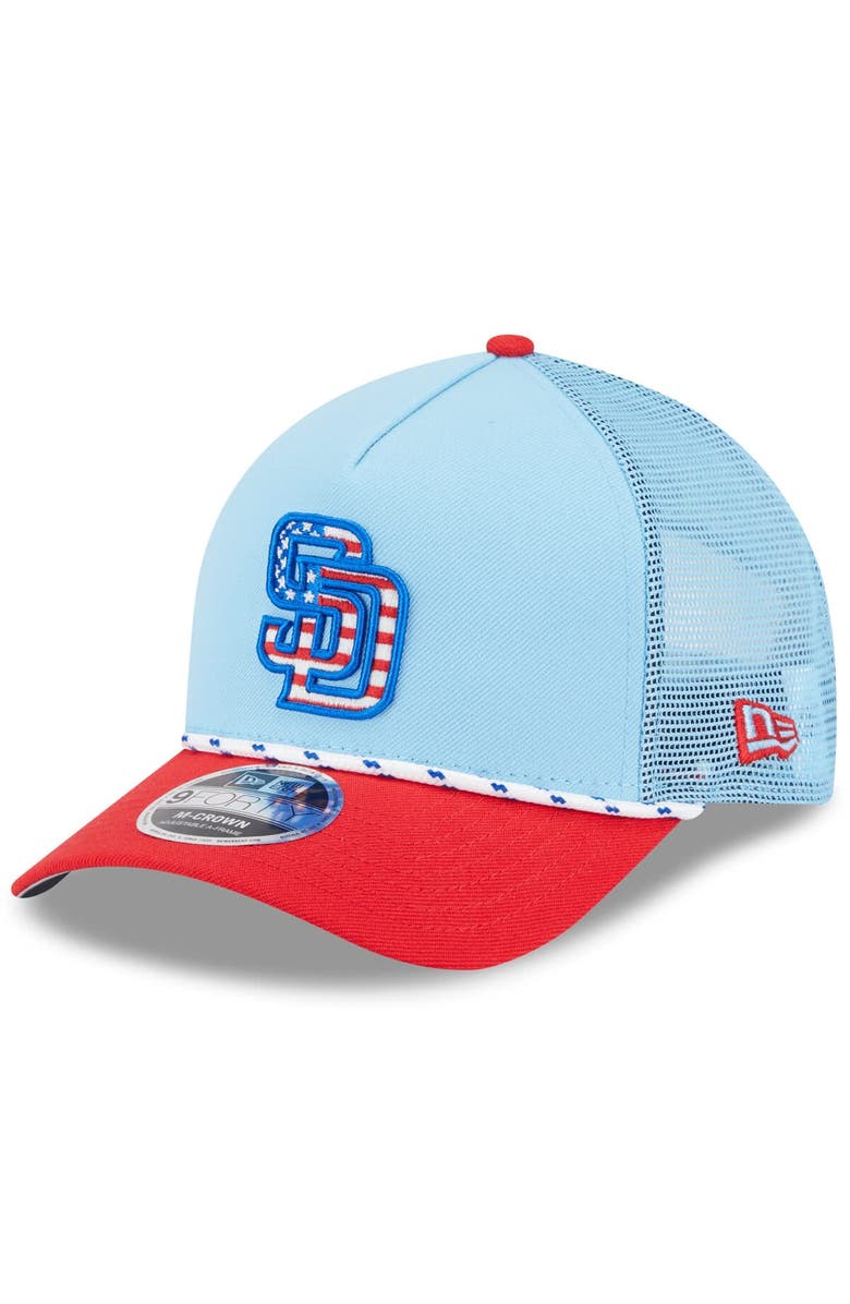 New Era Men's New Era Light Blue/Red San Diego Padres 2025 Fourth of July 9FORTY A-Frame M-Crown Adjustable Trucker Hat, Main, color, 